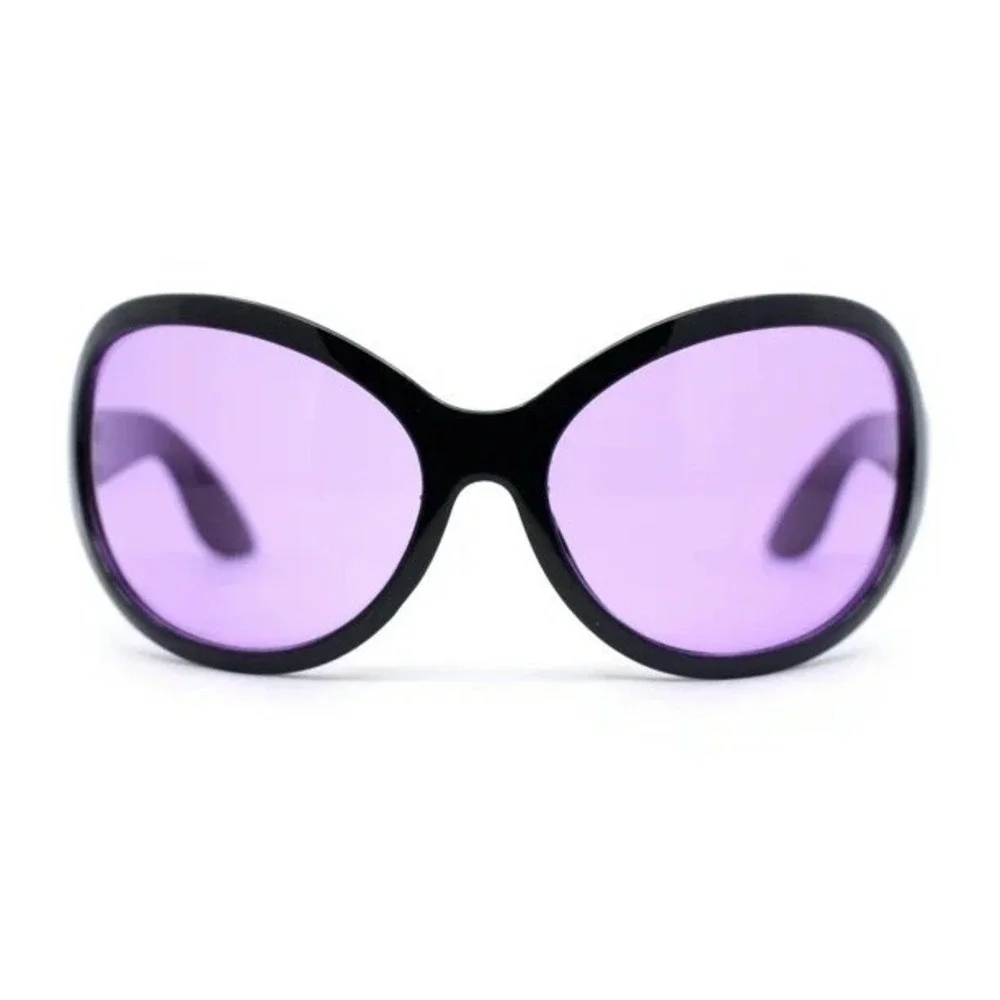Mens Oversized Bug Eye Sunglasses Black Frame Purple Tinted Lens Cyber Y2K Wrap